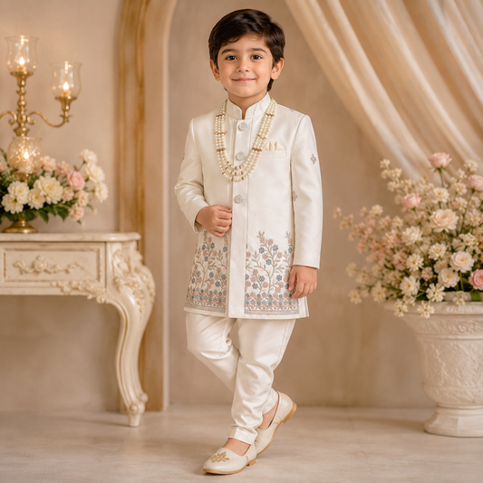 Ivory Zari Floral Sherwani Set for Boys
