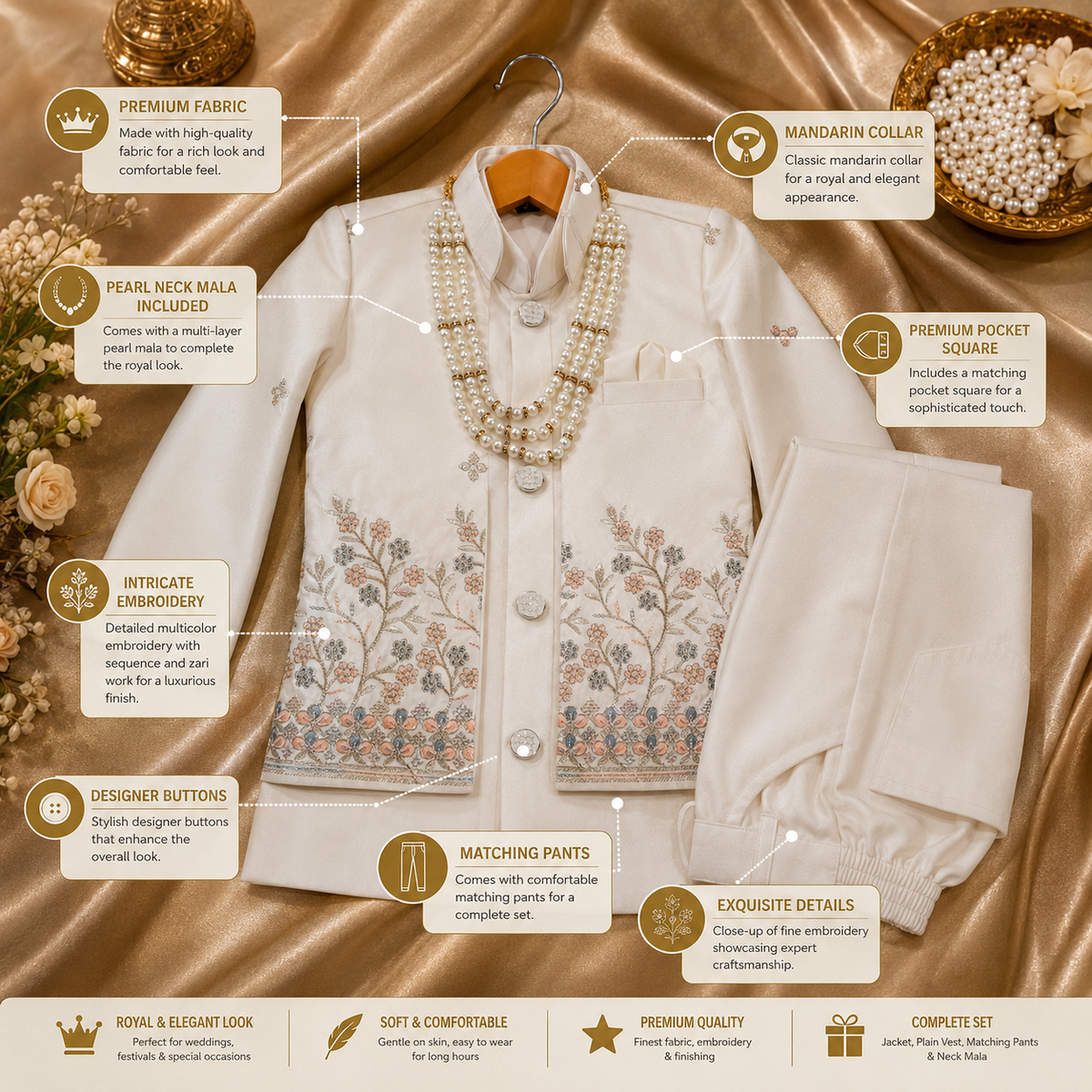 Ivory Zari Floral Sherwani Set for Boys