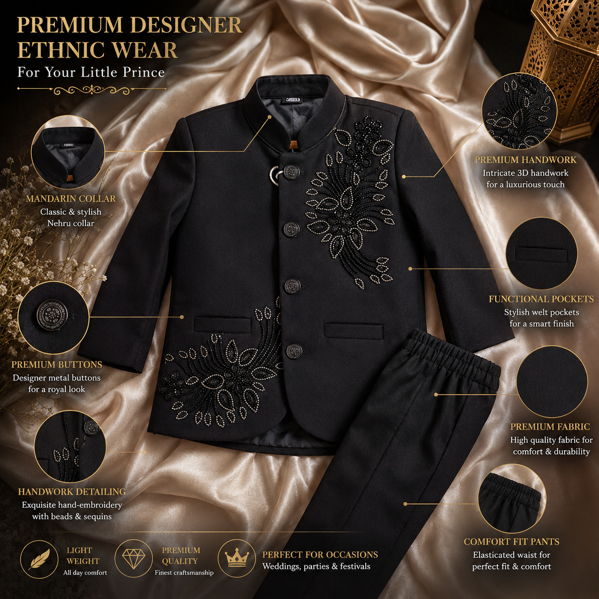 Black Designer Jodhpuri Suit for Boys