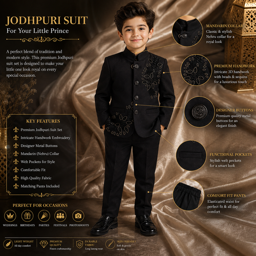 Black Designer Jodhpuri Suit for Boys
