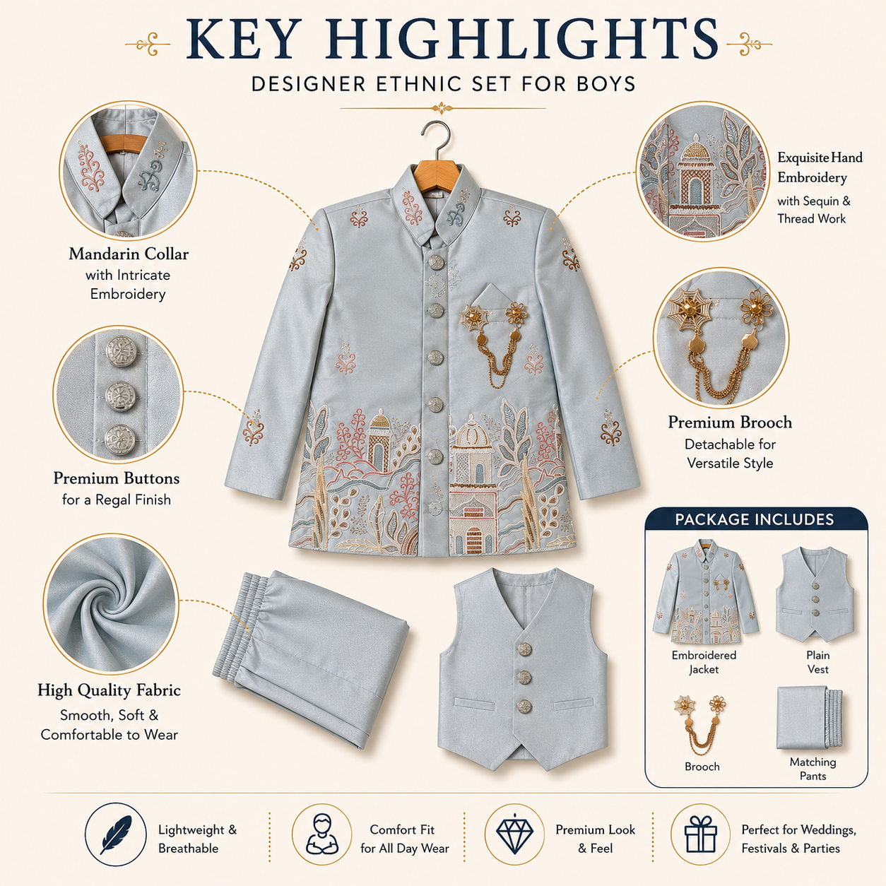 Pastel Heritage Embroidered Boys Ethnic Set