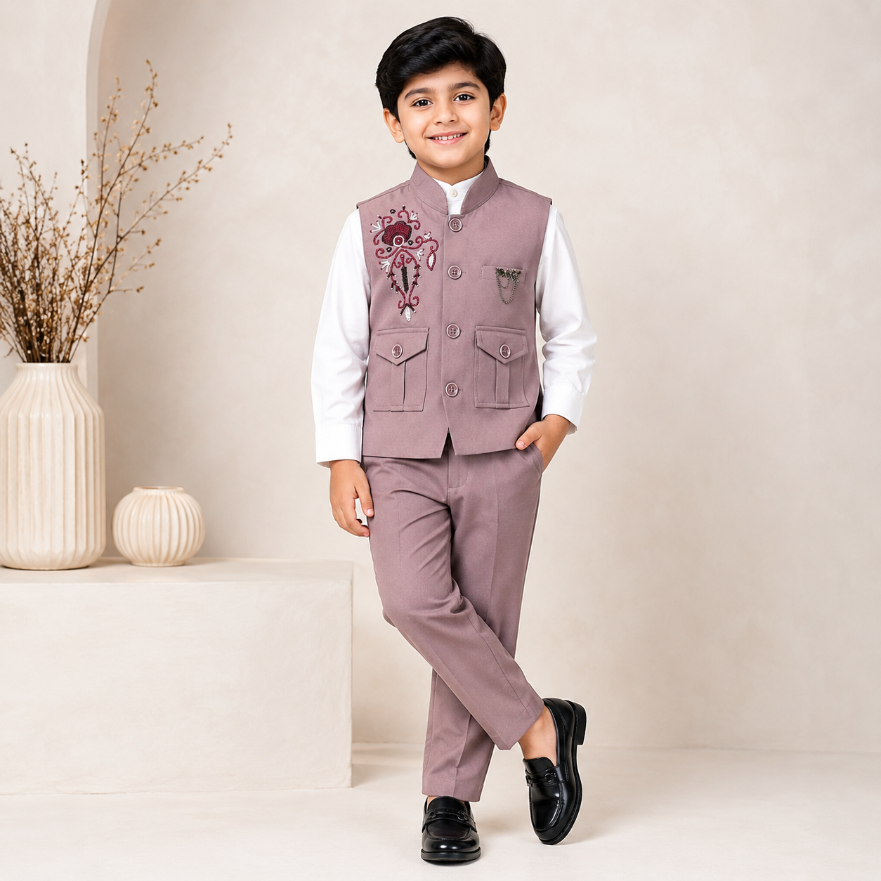 Premium Hand Embroidered Kids Waistcoat Set