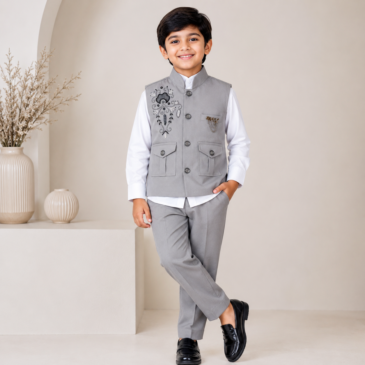 Premium Hand Embroidered Kids Waistcoat Set