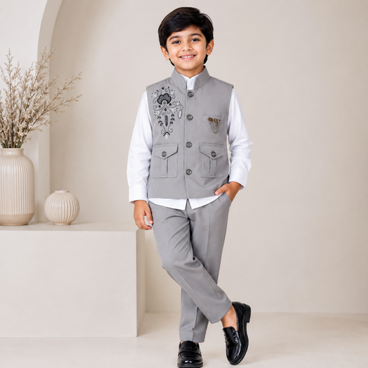 Premium Hand Embroidered Kids Waistcoat Set