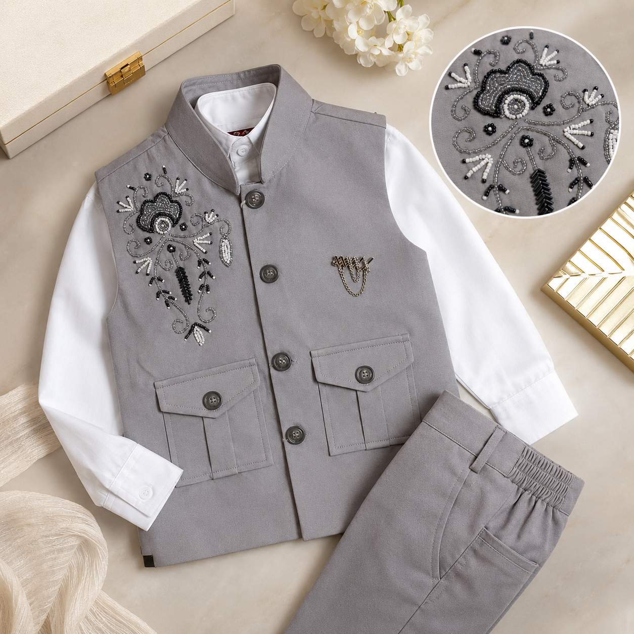 Premium Hand Embroidered Kids Waistcoat Set