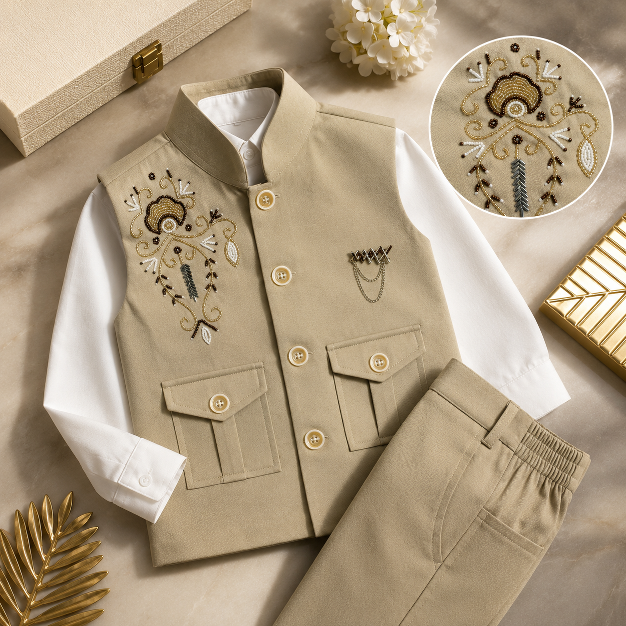 Premium Hand Embroidered Kids Waistcoat Set