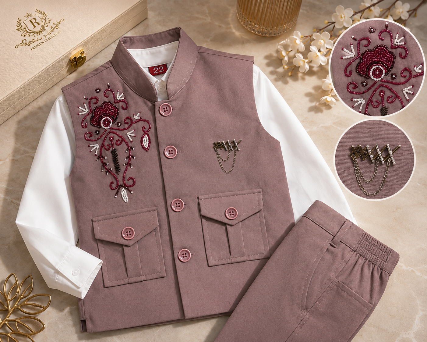 Premium Hand Embroidered Kids Waistcoat Set