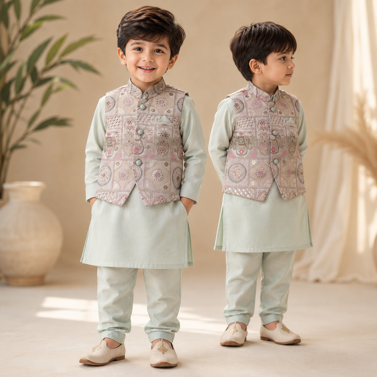 Boys Embroidered Jacket Kurta Pant Set