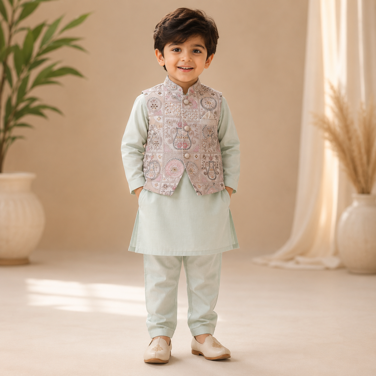 Boys Embroidered Jacket Kurta Pant Set