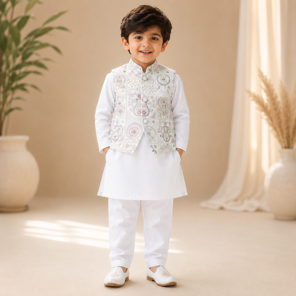 Boys Embroidered Jacket Kurta Pant Set