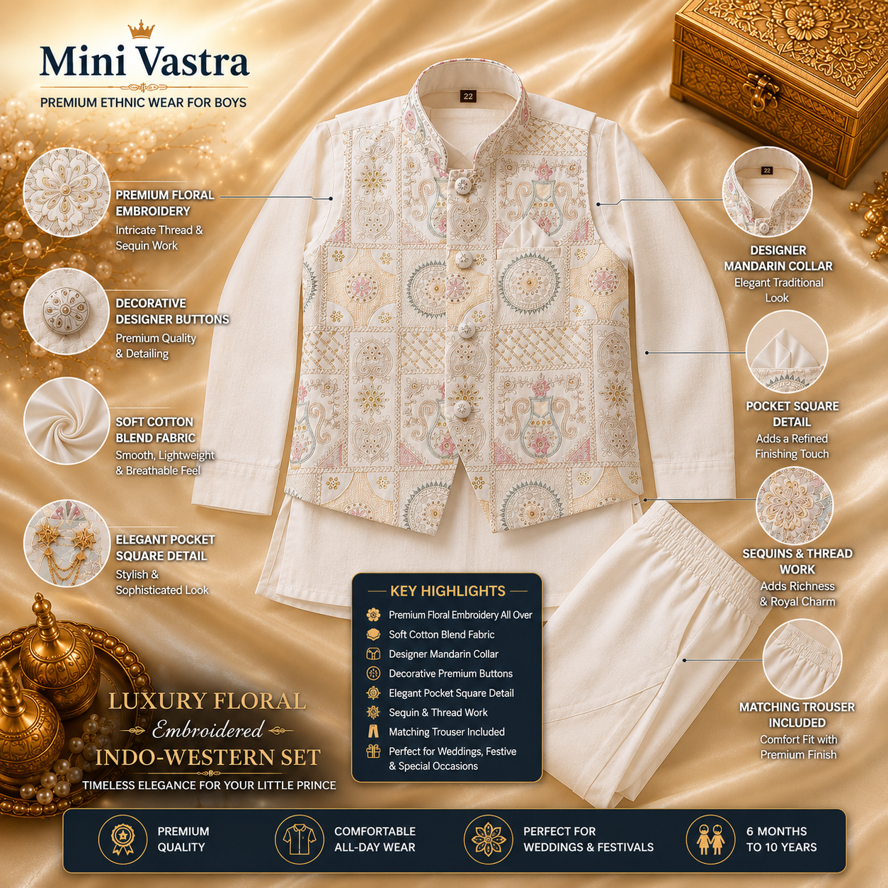 Boys Embroidered Jacket Kurta Pant Set